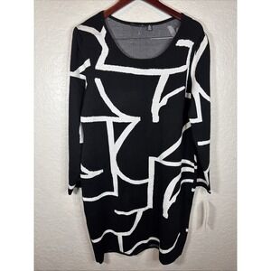 NWT Nina Leonard XL Black White Geometric Long Sleeve Sweater Dress